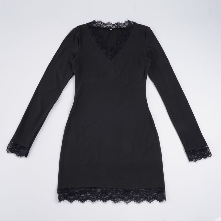 Damen nan figurbetontes Langarm-Midikleid mit tiefem V-Ausschnitt und floraler Spitzenkante Echo Archiv