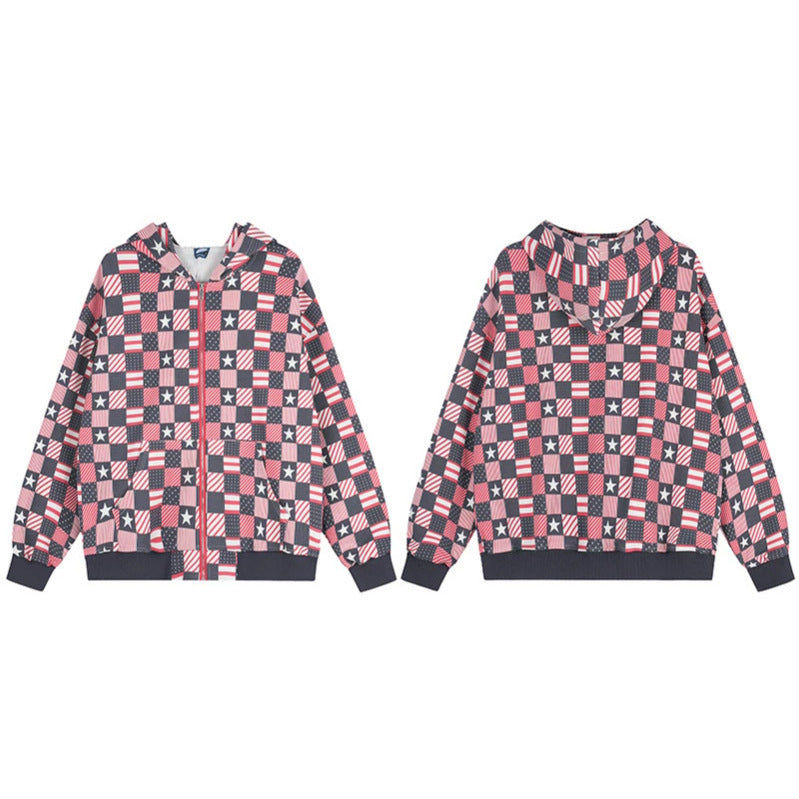 Damen Zip-Kapuzenjacke mit Allover-Patchwork-Sternen- und Streifenmuster Echoarchiv
