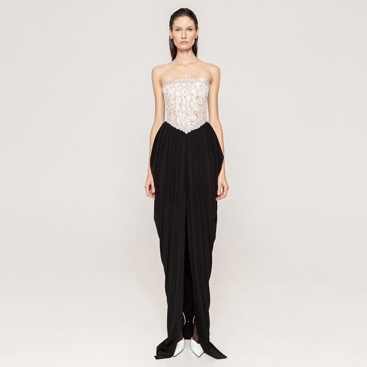 Damen elegantes Abendkleid mit schimmerndem Spitzenoberteil und Drapierungsdetails Echo Archiv