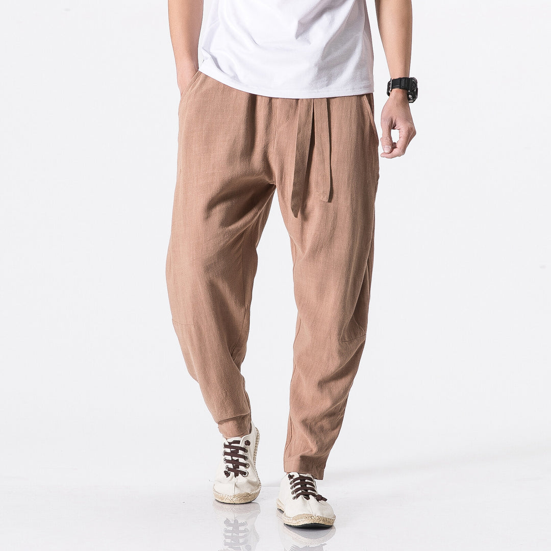 Herren nan entspannte Leinen-Baumwoll Harem-Joggerhose mit verdecktem Tunnelzug und tapered Bein Echo Archiv