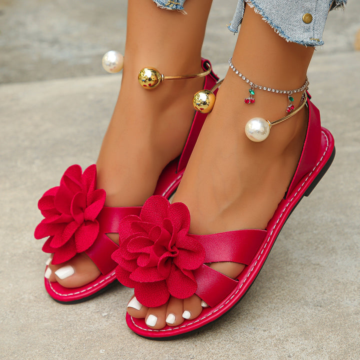 Damen Blumensandalen mit großer 3D-Blütenapplikation und Slingback – Sorelia