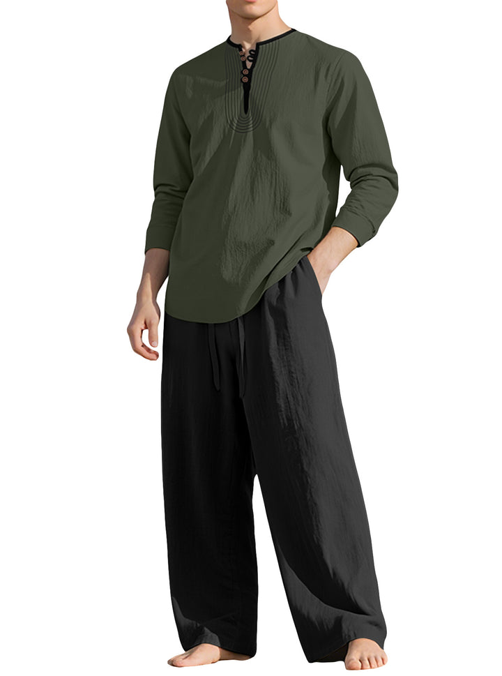 Herren nan Tunika- und Palazzohose-Set mit Henley-Blende, Zierstickerei und weitem Schnitt Echo Archiv