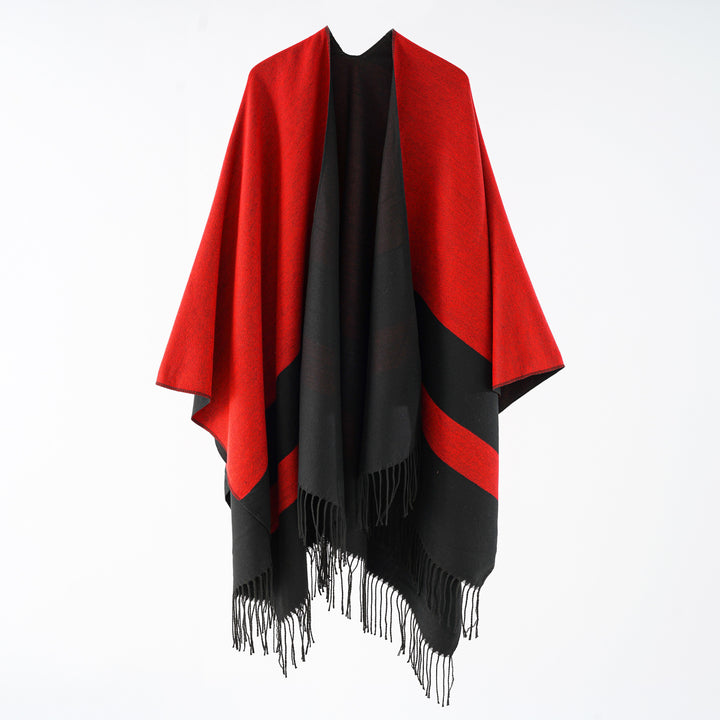 Damen Multifunktionaler Fransen‑Wickelponcho aus Wollmix mit doppellagigem Fall Echo Archiv