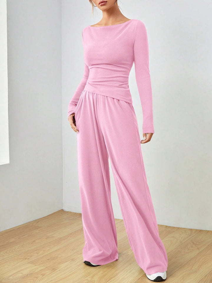 Damen Lässiges Two‑Piece Lounge‑Set mit U‑Boot‑Ausschnitt, taillierter Drapierung und weitem Palazzohose Echo Archiv
