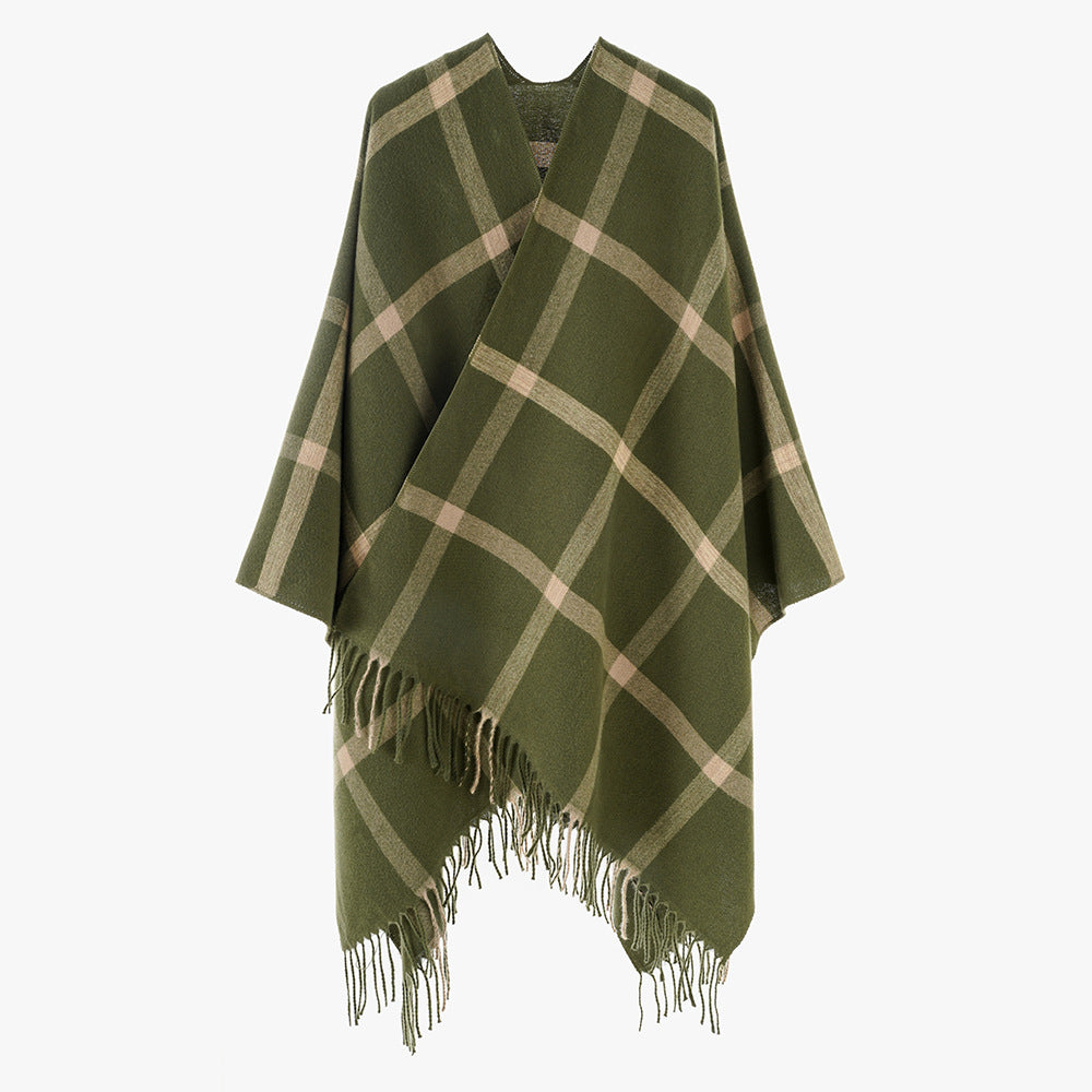 Damen Wollmix-Poncho mit Karomuster und Fransen Echo Archiv