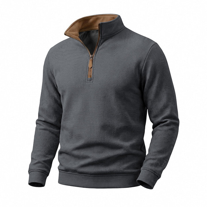 Herren Waffelstruktur-Halbzip-Sweatshirt mit Stehkragen, Kontrastfutter und Lederzipper Echoarchiv
