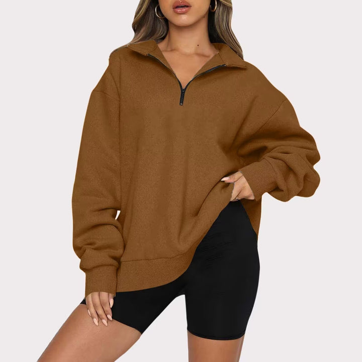 Damen oversized Sweatshirt mit halbem Reißverschluss, weichem Fleece-Innenfutter und Kängurutasche – Avérine