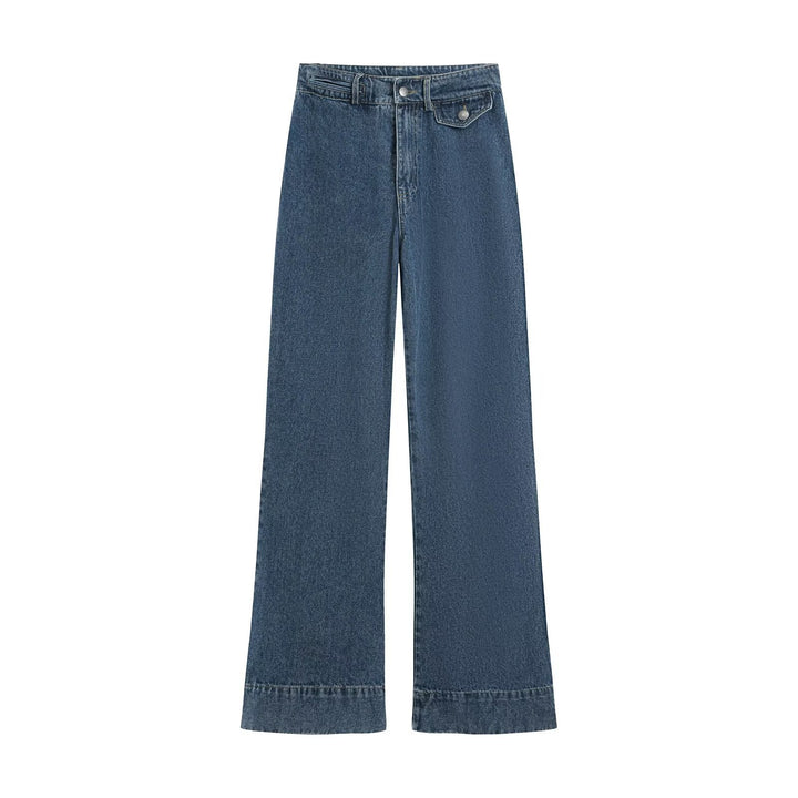 Damen Denim-Set aus boxiger Jacke mit Stehkragen und hochgeschnittener Schlaghose Echo Archiv