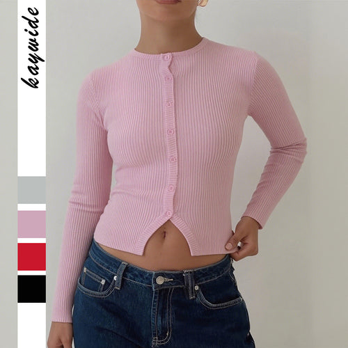Damen nan kurze gerippte Knopfstrickjacke mit Rundhalsausschnitt, taillierter Passform und Stretchanteil Echo Archiv