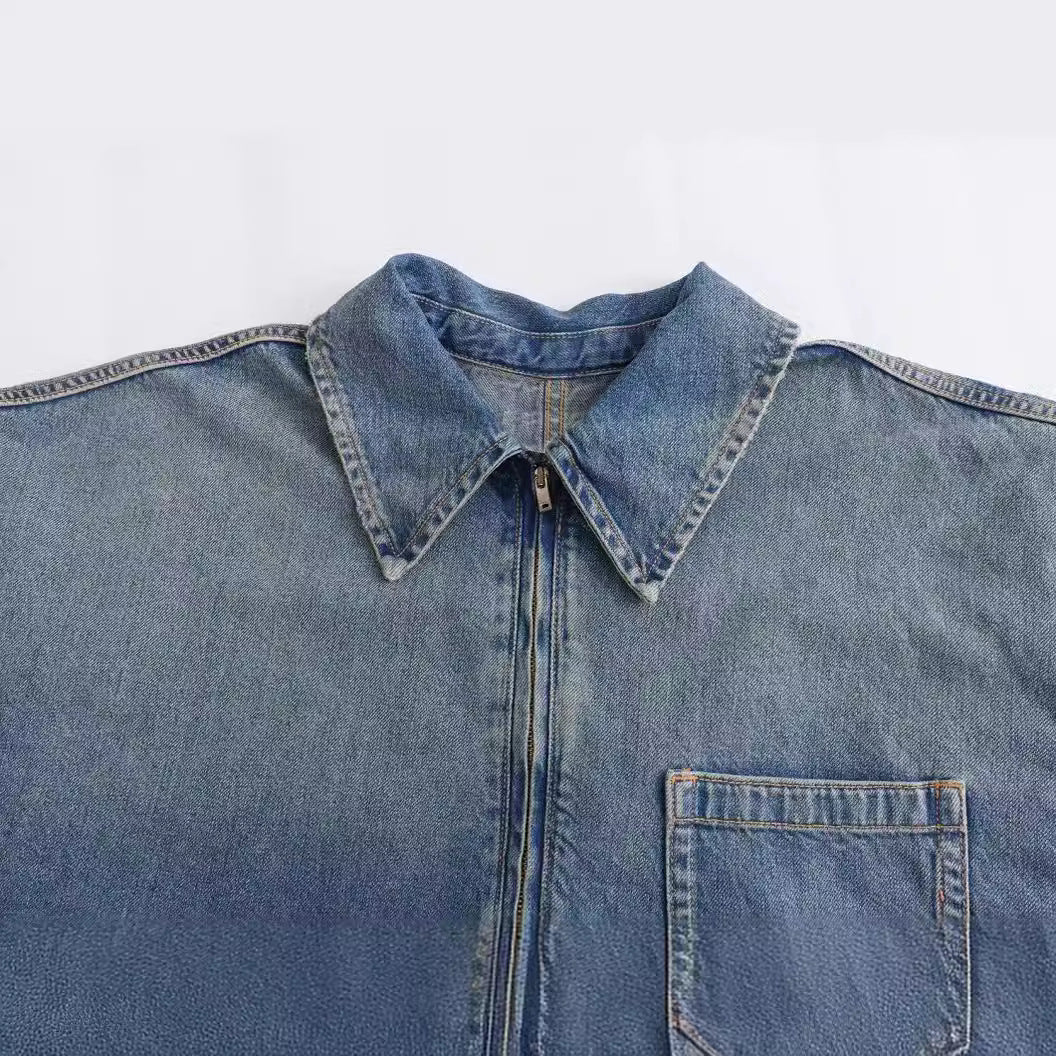 Damen nan oversized Denim-Tunika mit halbem Reißverschluss, weitem Schnitt und Brusttasche Echo Archiv