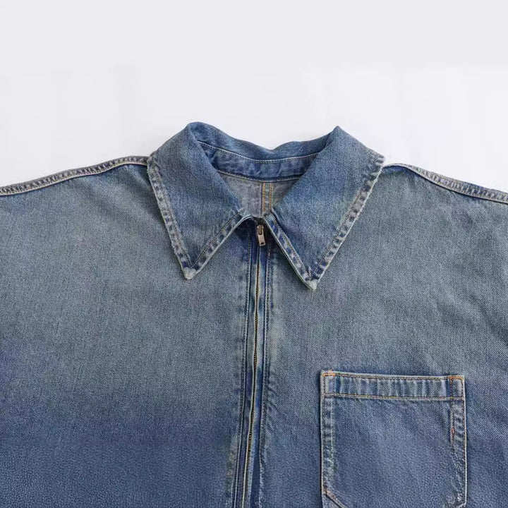 Damen nan oversized Denim-Tunika mit halbem Reißverschluss, weitem Schnitt und Brusttasche Echo Archiv