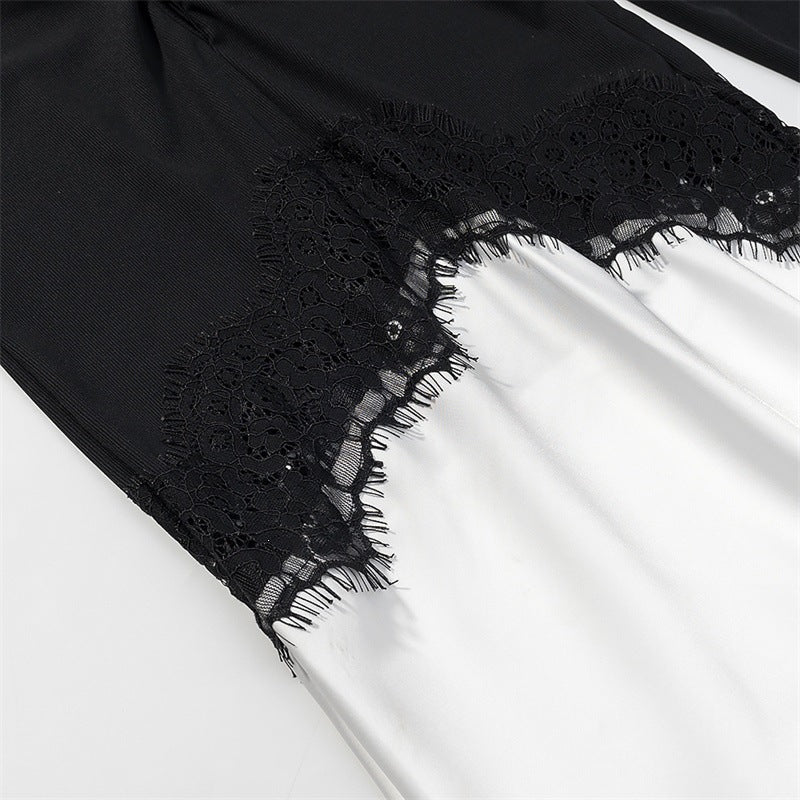 Damen Zweiton-Maxikleid mit geraffter V‑Passe, Spitzenbesatz und langen Ärmeln Echo Archiv