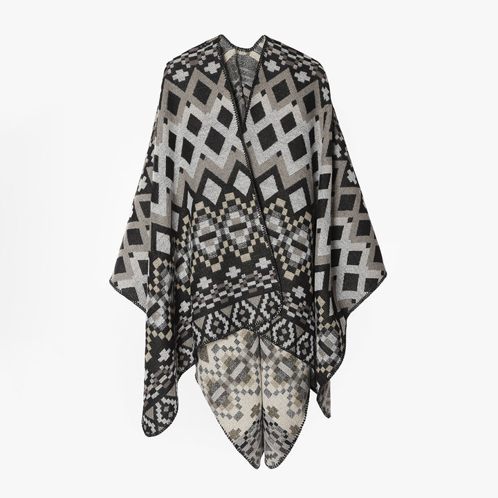 Damen Großflächiger Jacquard-Capeponcho mit geometrisch-ethnischem Muster und kastiger Silhouette – Avérine