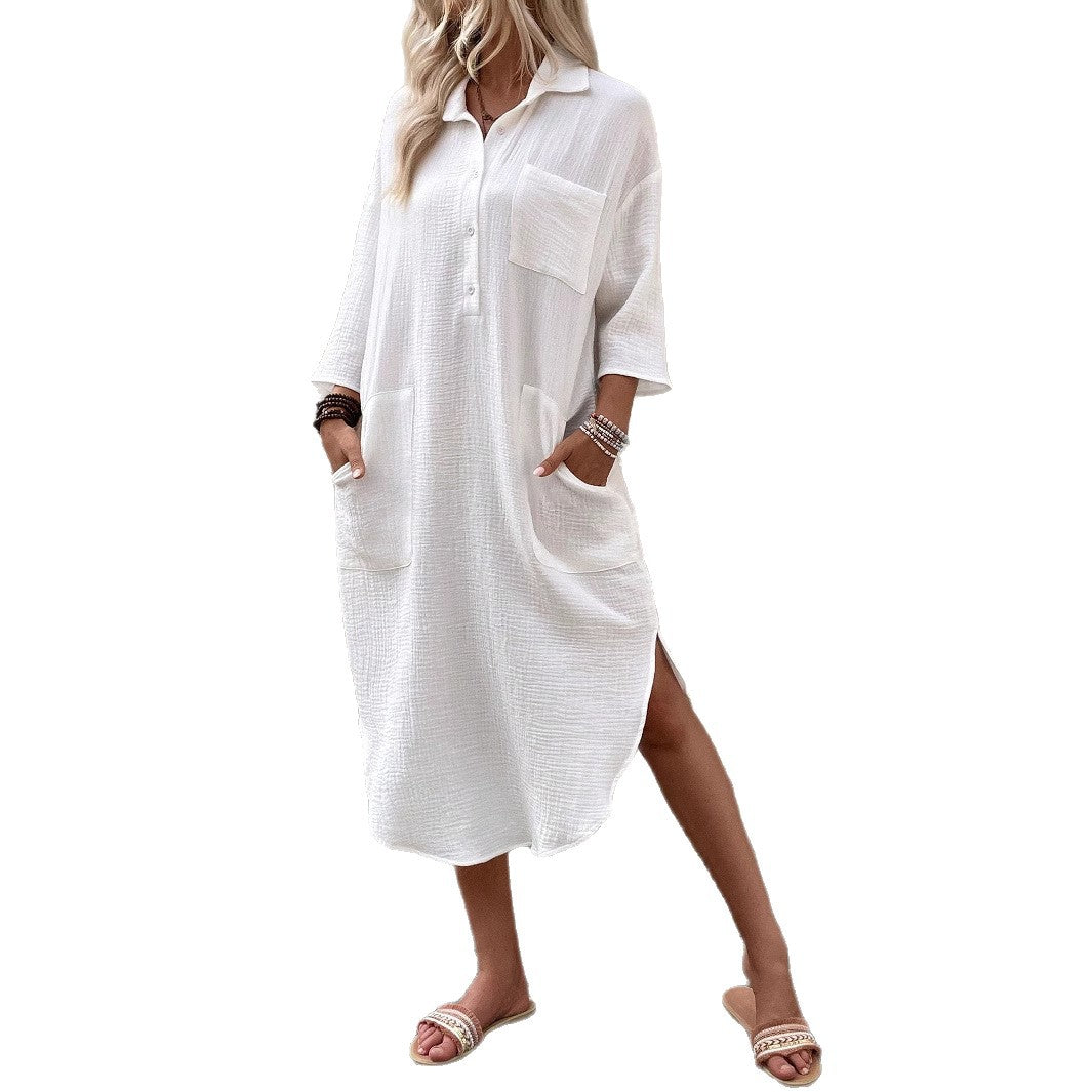 Damen Midi-Hemdblusenkleid aus Baumwoll-Musselin mit 3/4-Ärmeln & aufgesetzten Taschen – Avérine