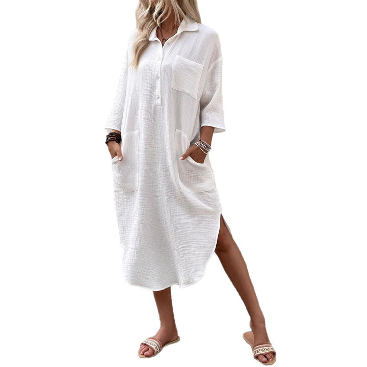 Damen Midi-Hemdblusenkleid aus Baumwoll-Musselin mit 3/4-Ärmeln & aufgesetzten Taschen – Avérine