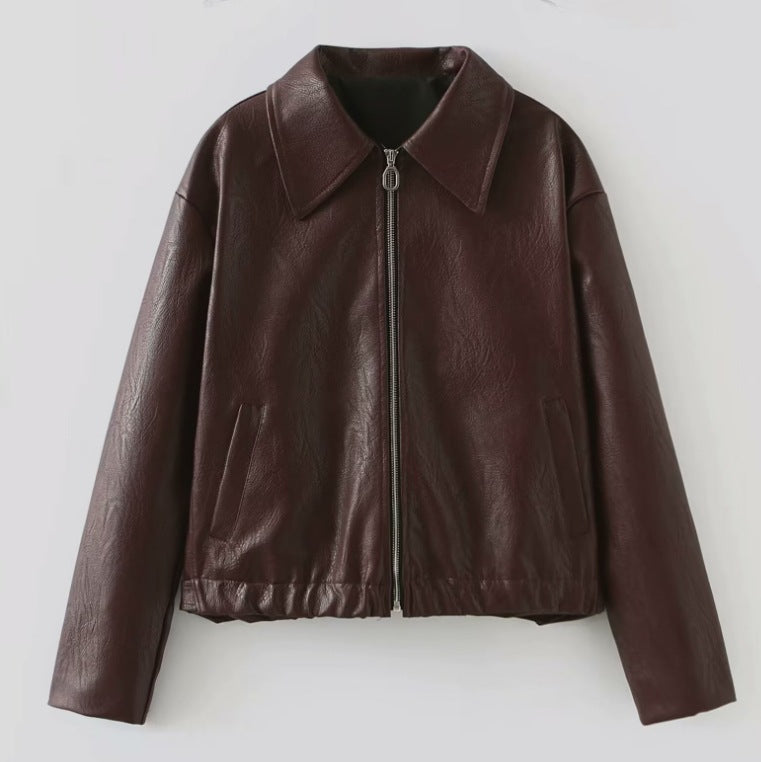 Damen 500+ leichte oversize Kunstleder‑Blousonjacke mit Hemdkragen, Reißverschluss und elastischem Saum Echo Archiv