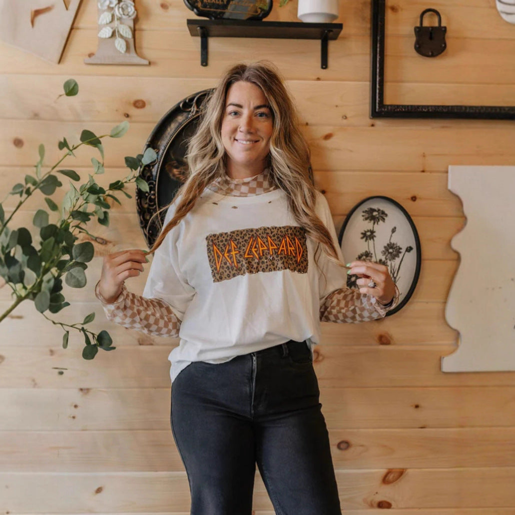 Damen nan lässiges Layer-T-Shirt mit Retro-Bandprint, Used-Optik und kariertem Mesh-Langarmtop Echo Archiv