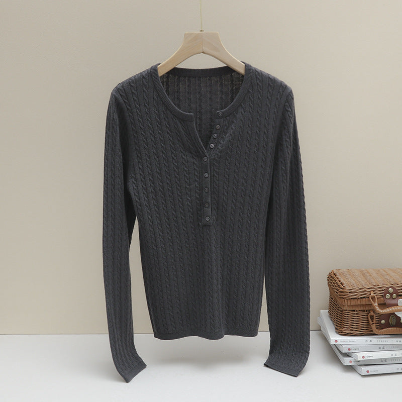 Damen Feines Zopfmuster-Henley-Feinstrickshirt mit Rundhals & Knopfleiste Echo Archiv