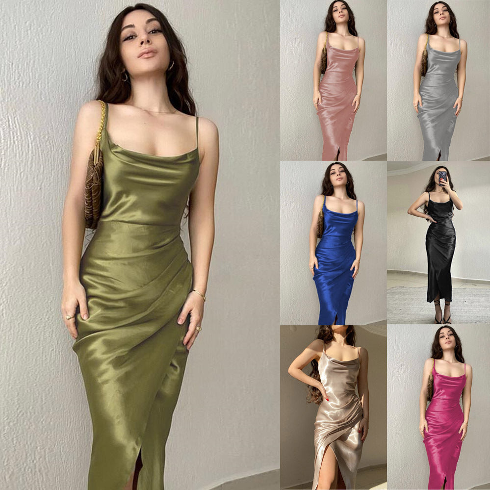 Damen elegantes, figurbetontes Satin-Midikleid mit asymmetrischem Ausschnitt und Schlitz Echo Archiv