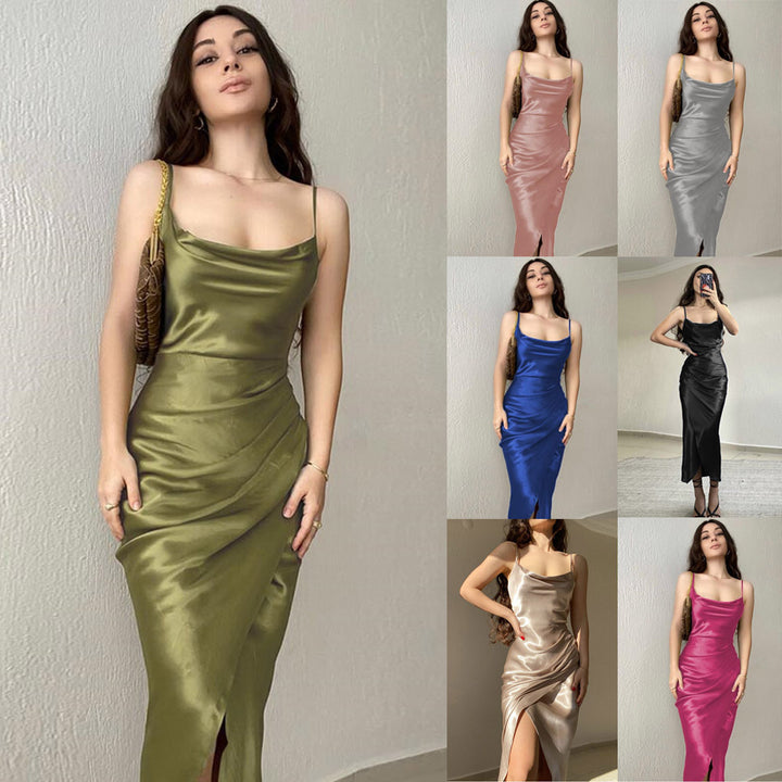 Damen elegantes, figurbetontes Satin-Midikleid mit asymmetrischem Ausschnitt und Schlitz Echo Archiv