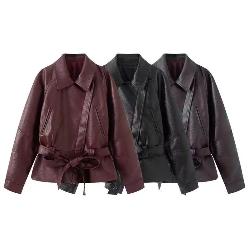Damen nan taillierte Kunstlederjacke mit Hemdkragen und Bindegürtel Echo Archiv