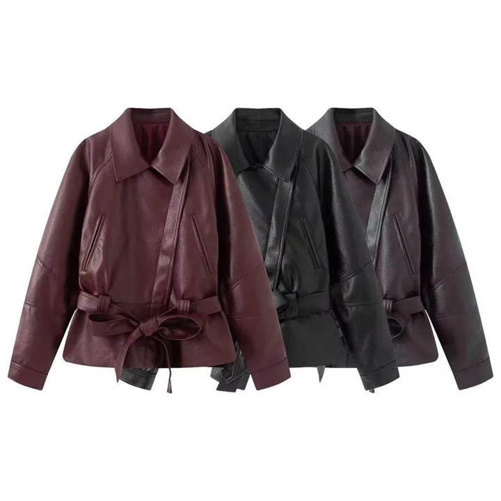 Damen nan taillierte Kunstlederjacke mit Hemdkragen und Bindegürtel Echo Archiv