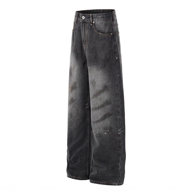 Damen Hochgeschnittene Weite Distressed-Denim Culotte-Jeans mit Paint-Splatter und Used-Effekt Echoarchiv