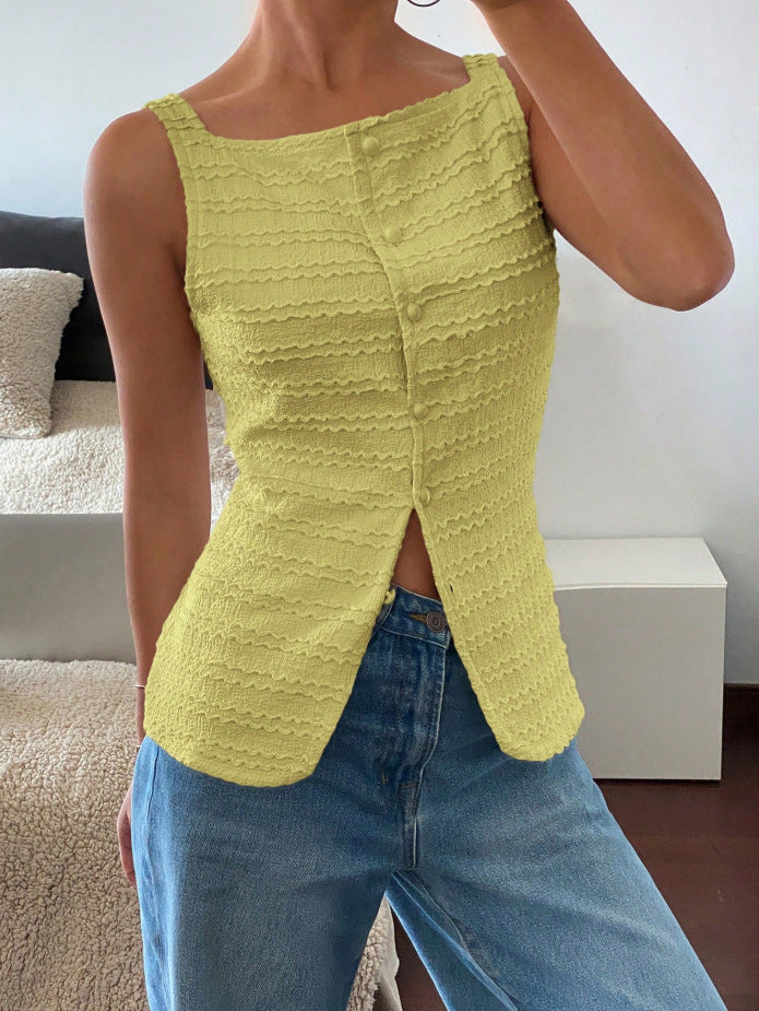 Damen Ärmelloses Struktur-Top mit Zierknopfleiste und Vorder‑Schlitz Echo Archiv