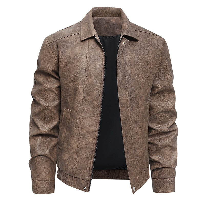 Herren Kurz geschnittene Kunstlederjacke im Vintage‑Look mit Hemdkragen & durchgehendem Reißverschluss Echoarchiv