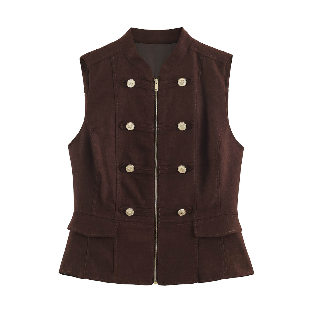 Damen taillierte Military-Weste mit Stehkragen, goldenen Zierknöpfen, Reißverschluss und aufgesetzten Klappentaschen – Célinea