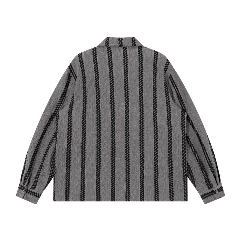 Unisex Leichte Hemdjacke mit Camp-Kragen, Relaxed‑Fit und vertikalem Zopfstreifenmuster Echoarchiv