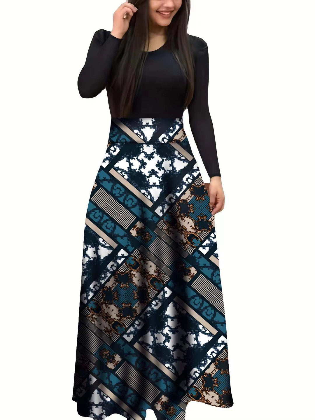 Damen Elegantes Maxikleid mit grafischem Druck und flexiblem Bund Echo Archiv
