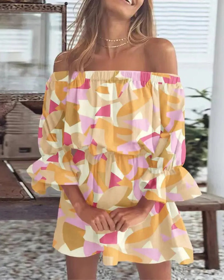 Damen Schulterfreies Minikleid mit elastischer Taillenpassform und Volantärmeln Echoarchiv