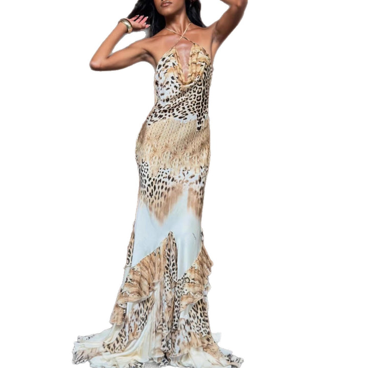 Damen Maxikleid mit tiefem V-Ausschnitt, Rüschensaum und tierischem Muster Echo Archiv