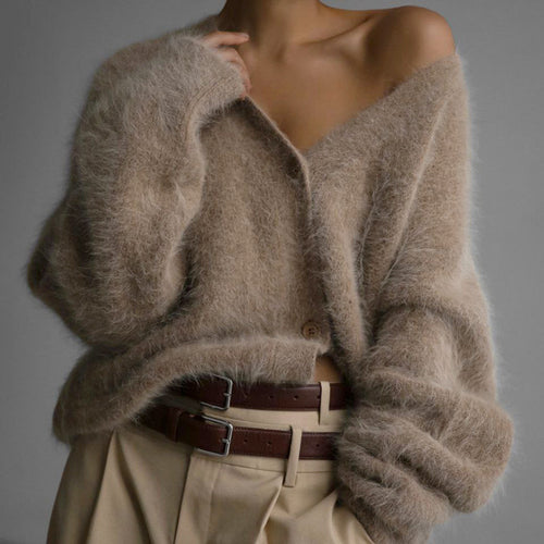 Damen Flauschiger Oversize-Knopfcardigan mit tiefem V-Ausschnitt und Eingrifftaschen – Veloura