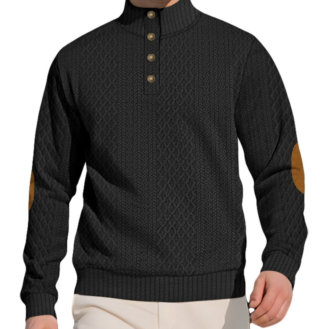 Herren nan edler Knopfsweater im Zopfmuster mit hohem Stehkragen und Wildleder-Ellenbogenpatches Echo Archiv