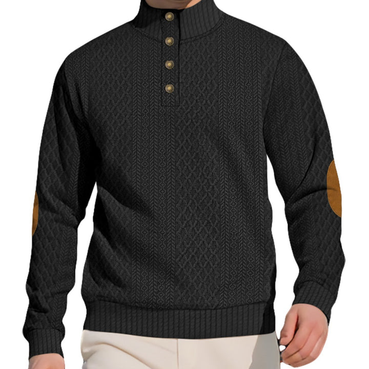Herren nan edler Knopfsweater im Zopfmuster mit hohem Stehkragen und Wildleder-Ellenbogenpatches Echo Archiv