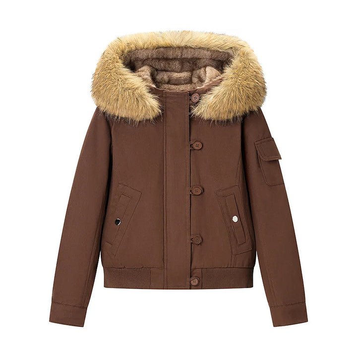 Damen nan kurze Bomberjacke mit Kunstfellkapuze und Teddyfutter Echo Archiv