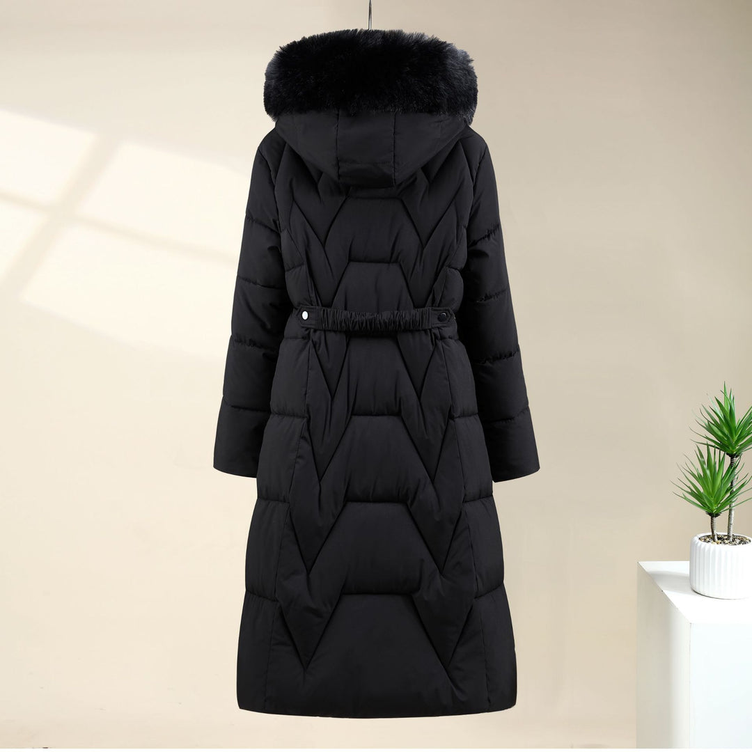 Damen langer gesteppter Parka mit voluminöser Kunstfellkapuze und taillierendem Kordelzug – Montévia