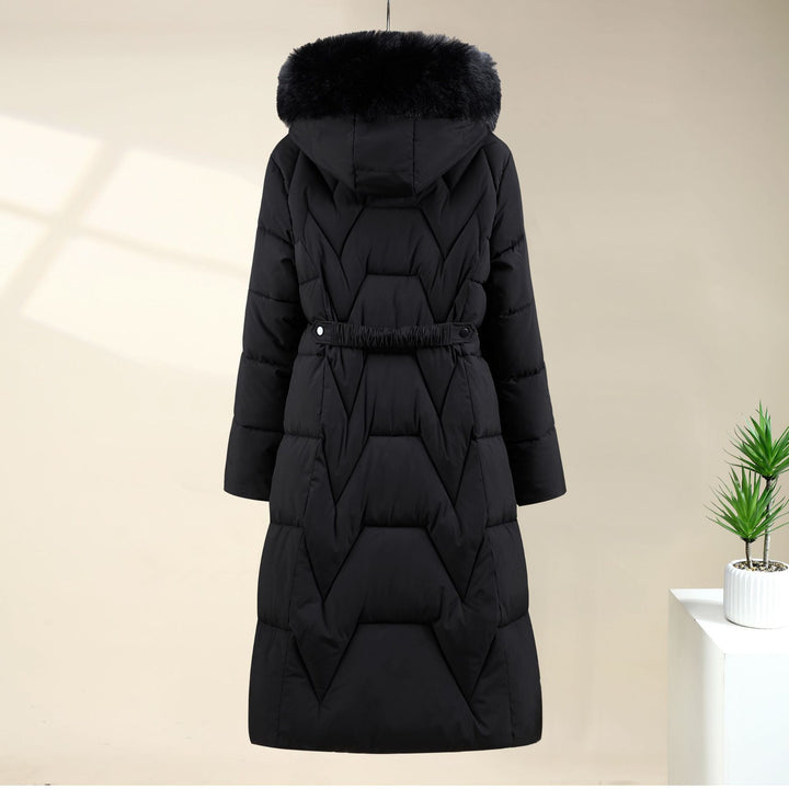 Damen langer gesteppter Parka mit voluminöser Kunstfellkapuze und taillierendem Kordelzug – Montévia