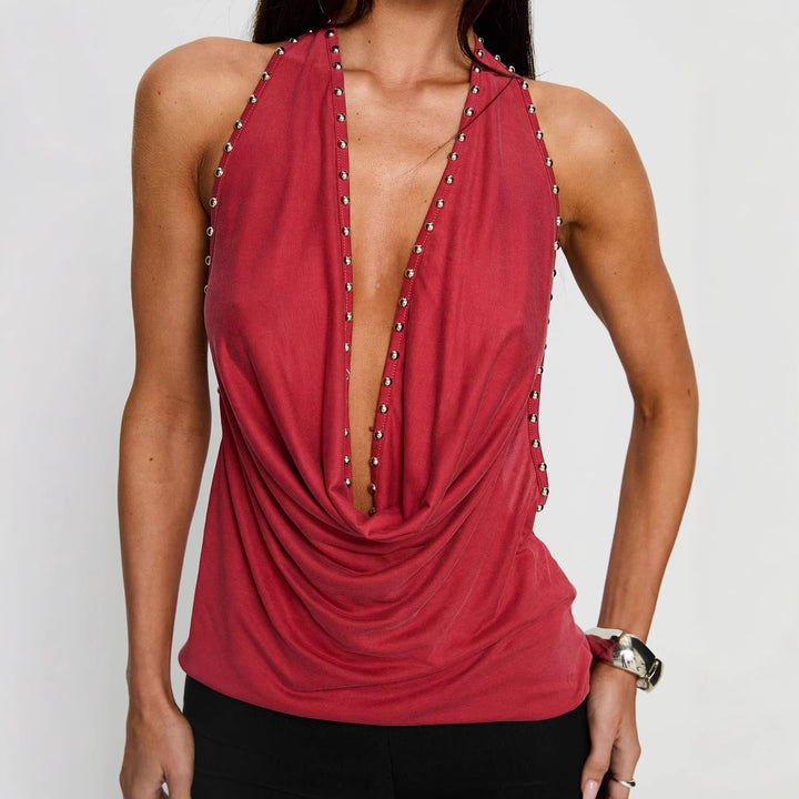 Damen Halter-Top mit tiefem V-Ausschnitt und pilzförmigen Verzierungen Echo Archiv