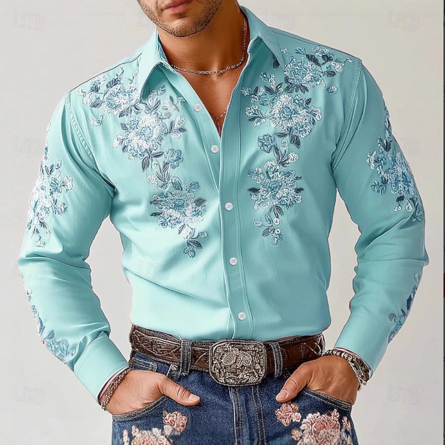 Herren besticktes Hemd mit floralen Motiven Echoarchiv