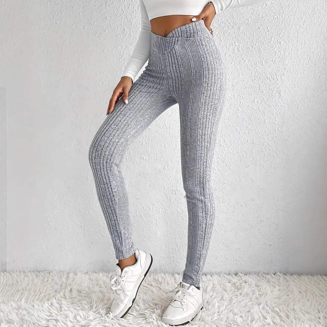Damen Hochtaillierte Gerippte Feinstrick-Leggings mit Formbund und Stretchkompression Echoarchiv