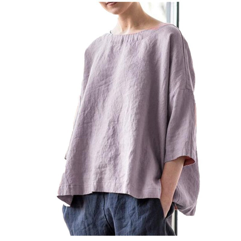 Damen Oversized Leinenbluse mit weitem Boxy‑Schnitt, U‑Boot‑Ausschnitt und 3/4‑Ärmeln Echo Archiv