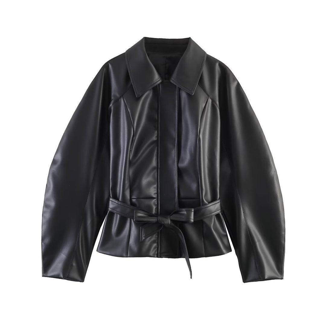 Damen Kurze Kunstlederjacke mit Taillengürtel und Oversized-Ärmeln Echo Archiv