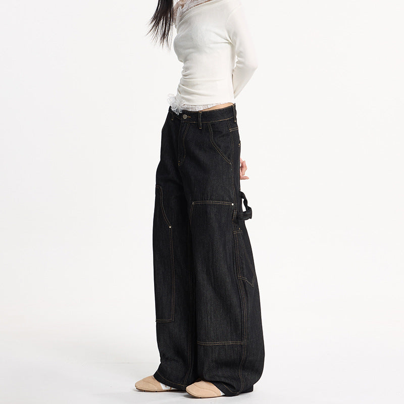 Damen Extraweite Denim-Palazzohose im Cargostil mit tiefem Schritt, Kontrastnähten und Utility‑Details Echo Archiv