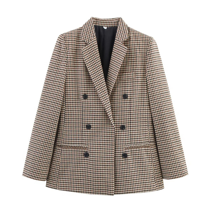 Damen taillierter Longblazer im Doppelreiher mit Reverskragen und Pattentaschen – Valéne