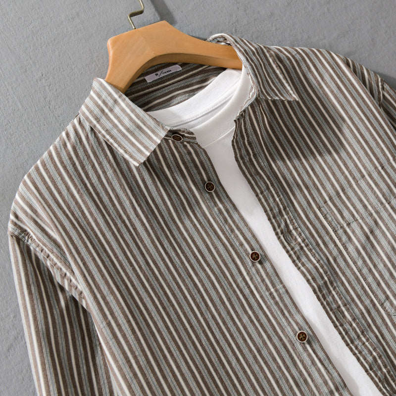 Herren Leichtes gestreiftes Hemd‑Overshirt aus Leinen‑Baumwollmix mit Relaxed‑Fit und aufgesetzter Brusttasche Echoarchiv