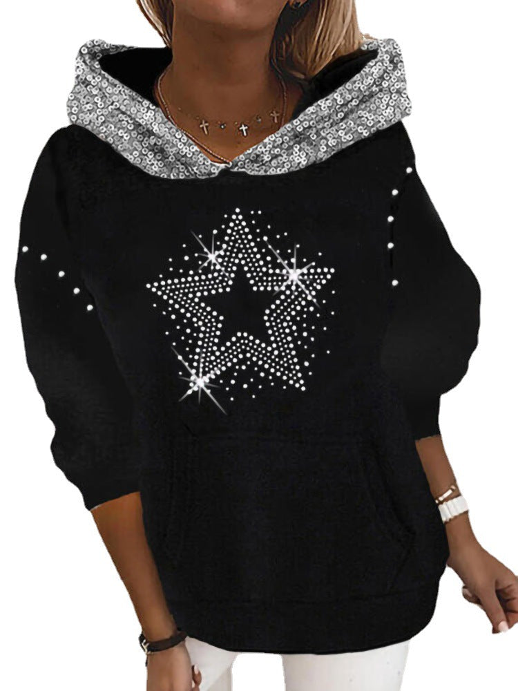 Damen Halloween Kapuzenpullover mit Kürbis- und Katzenprint, Paillettenbesatz und Oversize-Schnitt – Auréline