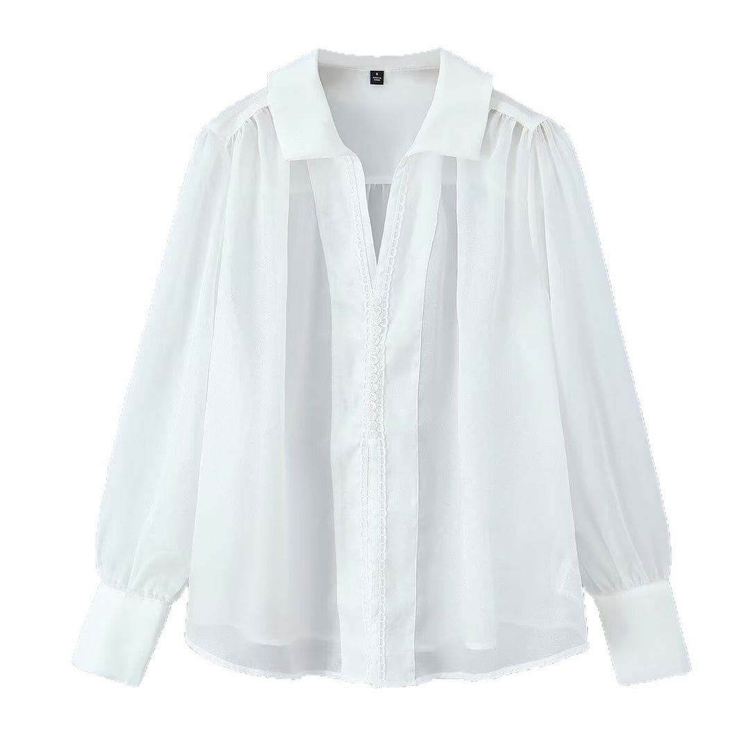 Damen Transparente Chiffon-Bluse mit Spitzenbesatz, Ballonärmeln und breiten Manschetten Echo Archiv